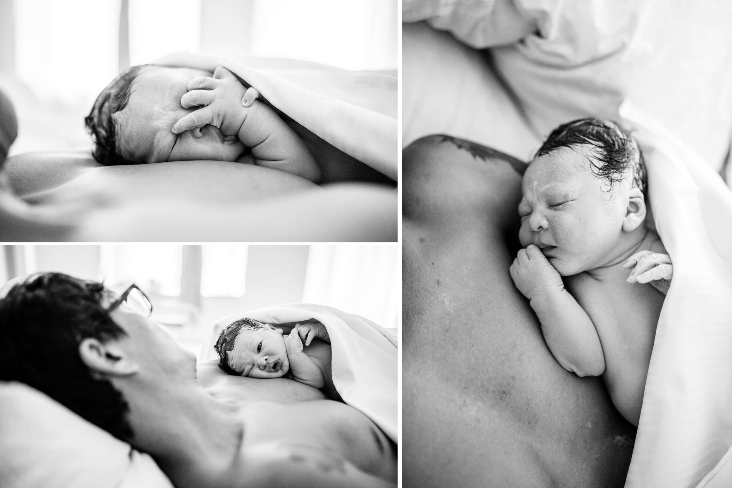 Collage gerade geborenes Baby liegt bei Papa auf der Brust, Geburtsfotografie in Hannover