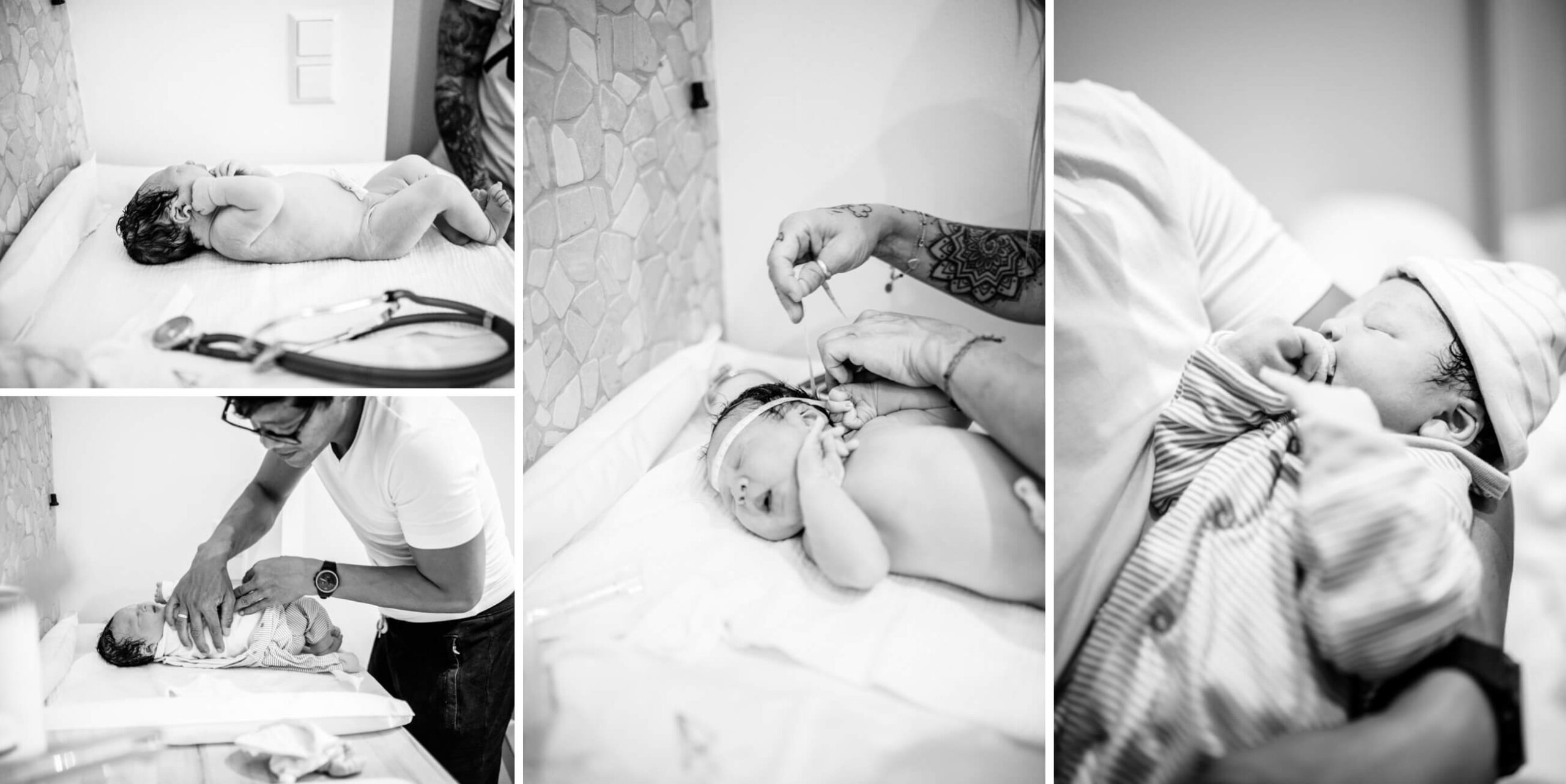 Collage der U1 eines neugeborenen Babys, es wird gemessen und angezogen