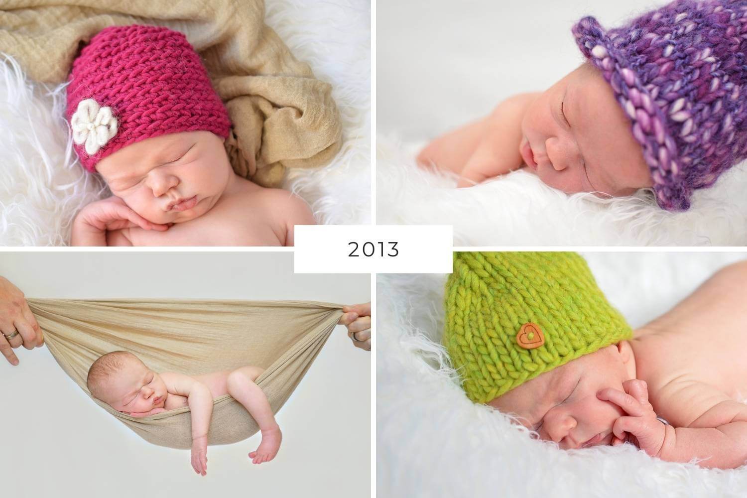 Collage Neugeborenenfotografie 2013, 3 Babys mit gestrickten Mützen liegen in Fell, 1 Baby in Hängematte aus Tuch