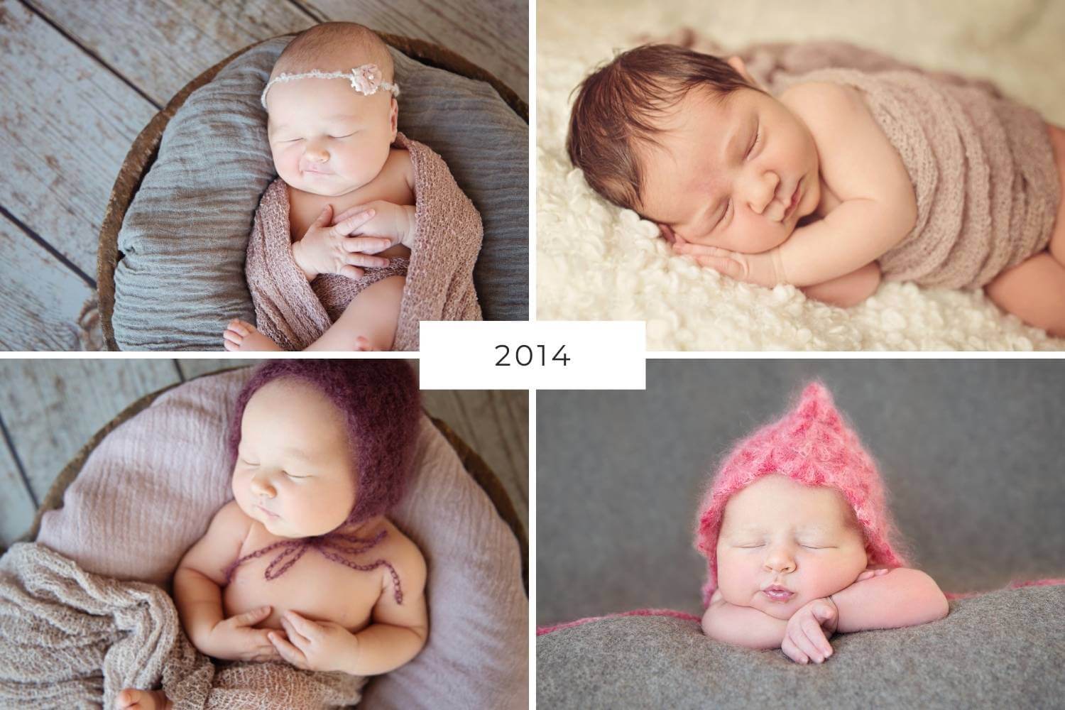 Collage Babyshooting 2014, 4 Babys in Schalen, auf Decke, mit gestrickten Mützchen, Haarbändchen