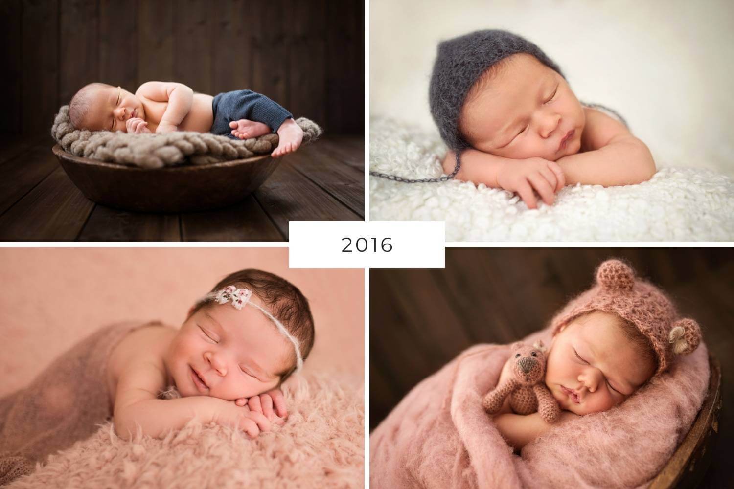 Collage Neugeborenenfotografie 2016, 4 Babys in Schalen, auf Decken mit gestrickten Mützen, Tüchern