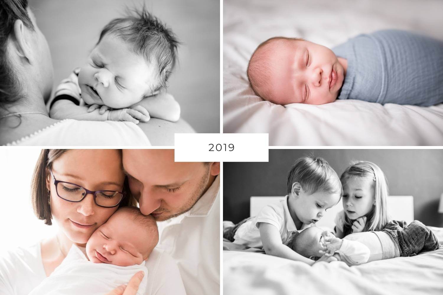 Collage Neugeborenenfotografie 2019, Baby auf Arm von Mutter, Geschwisterbild, Baby gepuckt