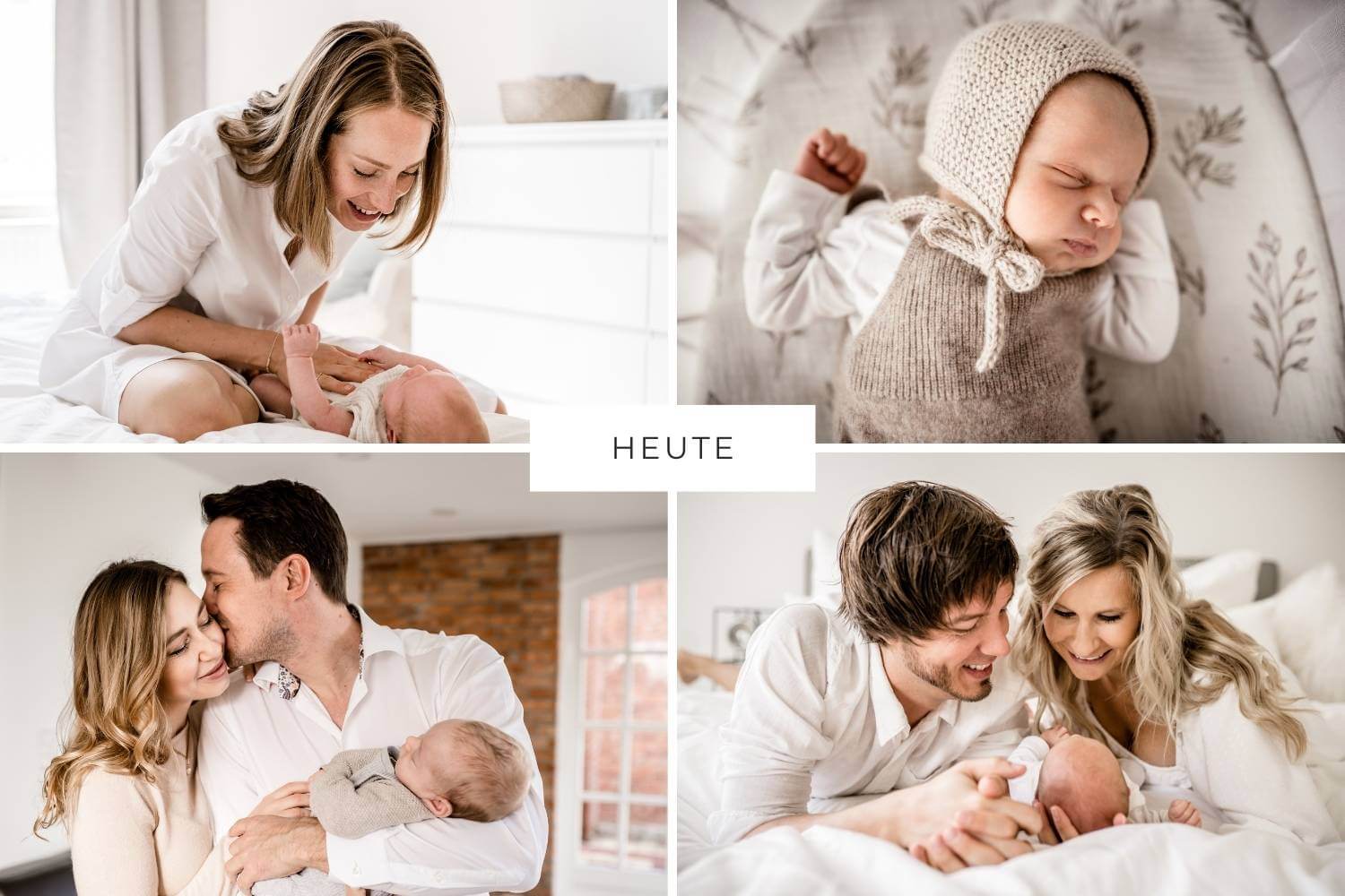 Collage Neugeborenenfotografie heute, Babys mit ihren Eltern, mit Mama, Baby in Stubenwagen