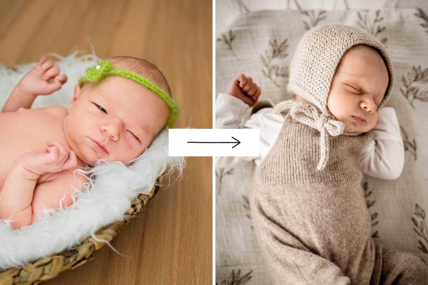Vergleich Neugeborenenfotos 2013 versus Neugeborenenfotos heute, zwei Babys