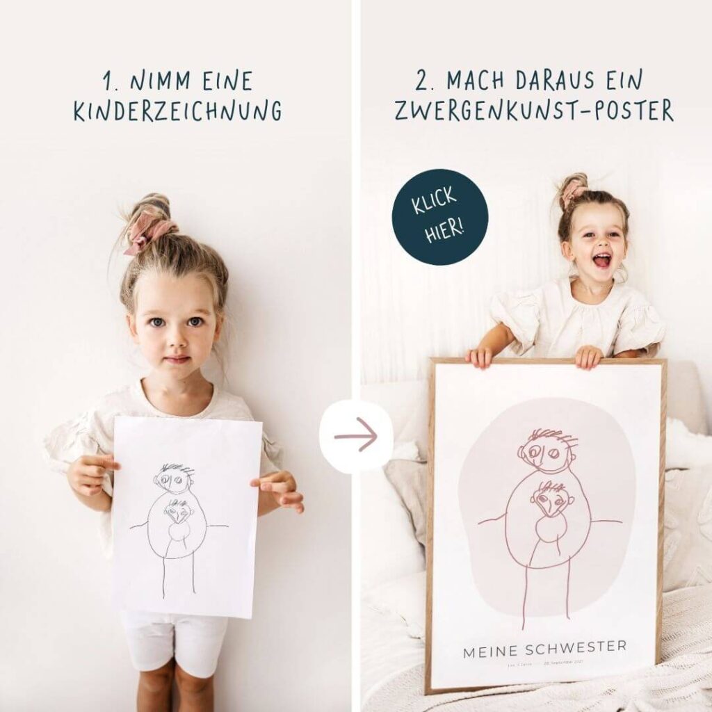 Kinderposter mit individueller Kinderzeichnung. Nimm eine Kinderzeichnung und mach daraus ein Poster. Mädchen hält Bilderrahmen mit eigenem Poster in der Hand.
