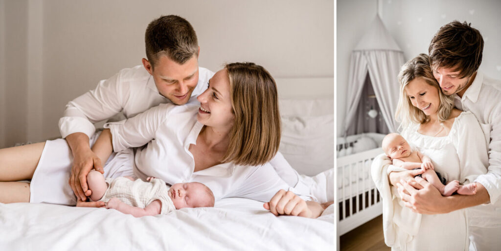 Babyfotos selber machen, Collage, Eltern mit ihrem Baby auf Bett und im Babyzimmer, Neugeborenenshooting Julia Schlenkrich