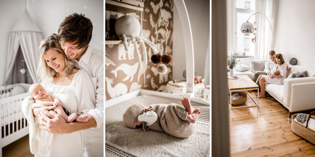 Collage aus drei Bilder von Babyshootings, zeigt Eltern mit ihrem Baby in ihrem Zuhause sowie Baby auf Wickeltisch, wohnung ist ordentlich für newborn shooting